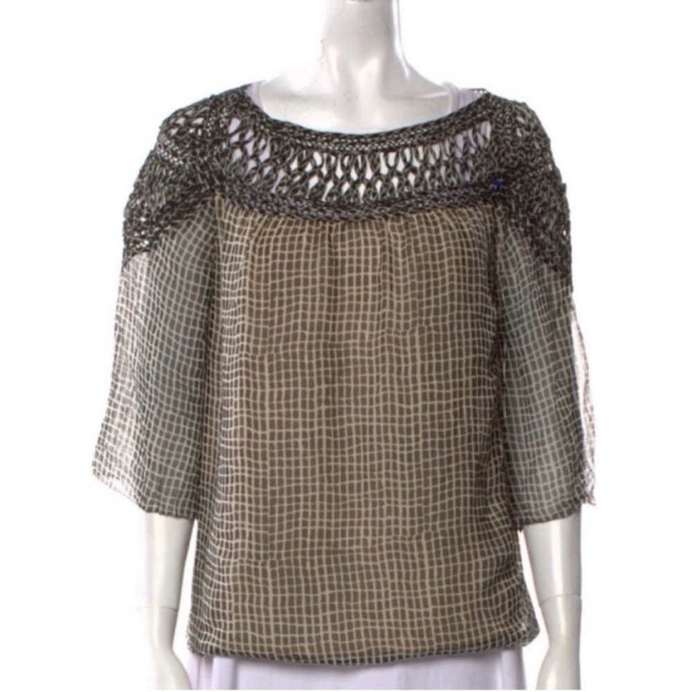 3.1 Phillip Lim Kojima Silk Shirt Blouse 100% Tan/Black Semi Sheer-Size 0 - EUC